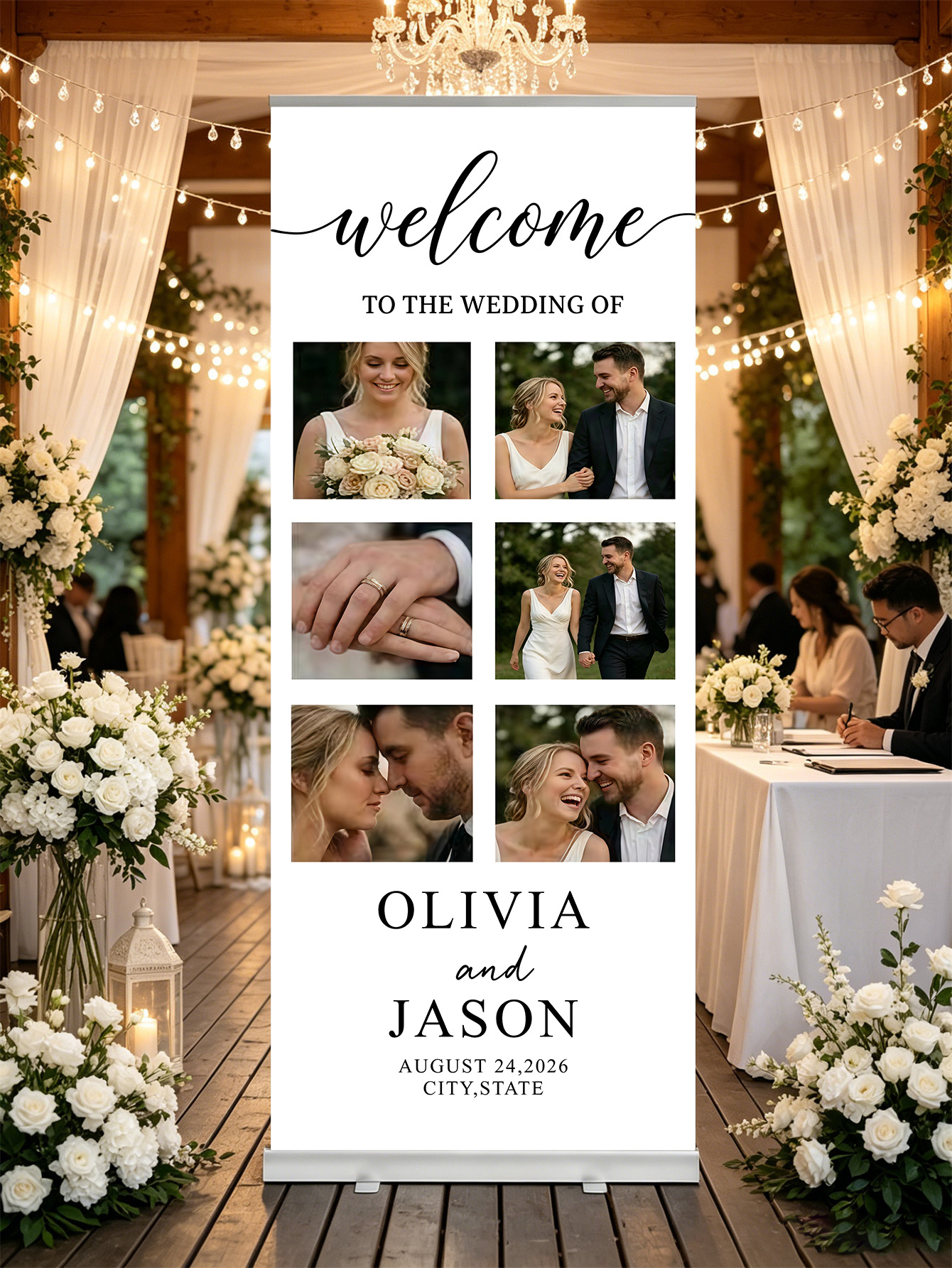 Customized wedding retractable banners - personalized photo wedding welcome signs, reception decorations and background curtains